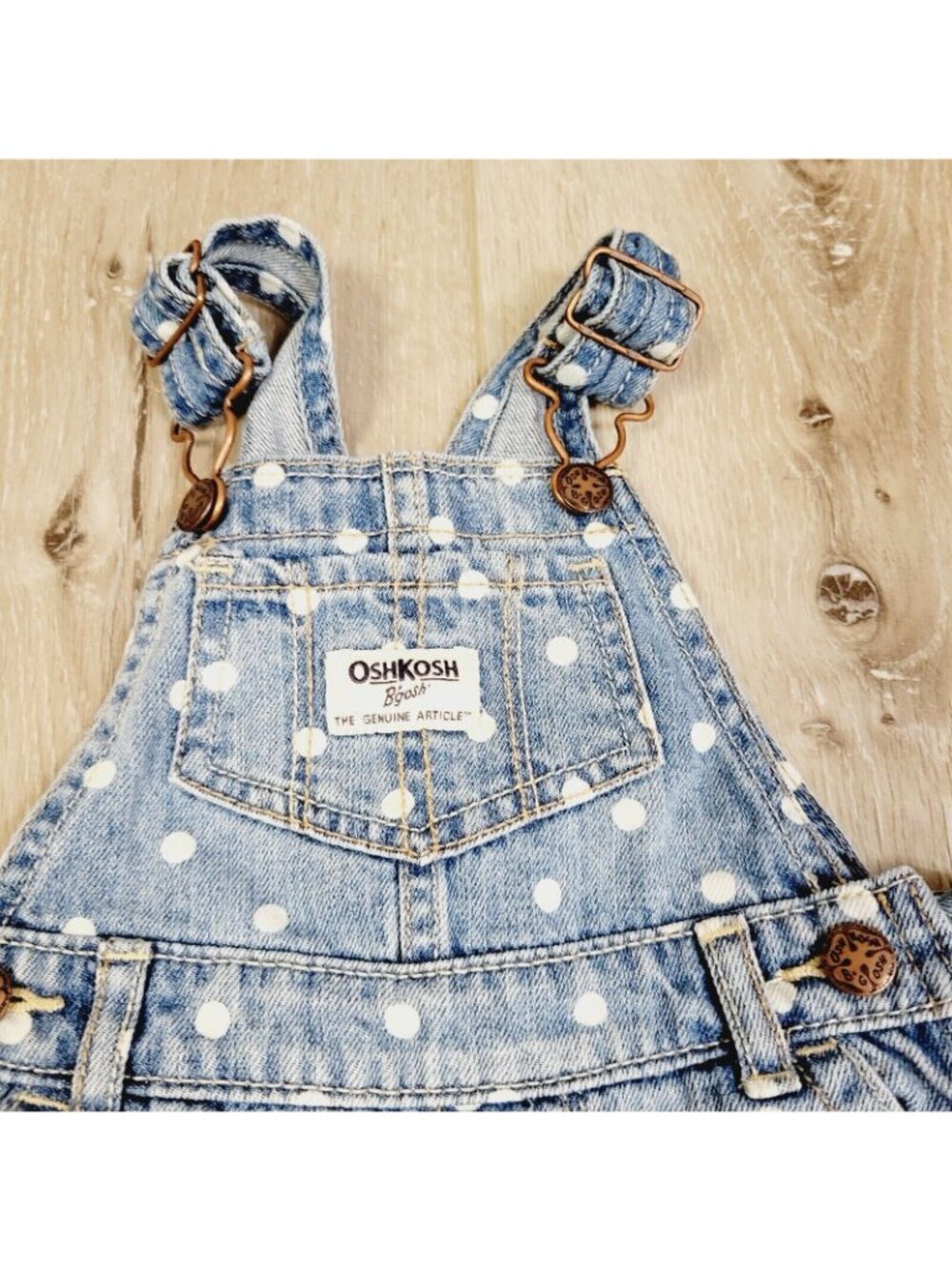 OshKosh Bgosh Baby Girls Polka Dot Denim Overalls Size 9M Adjustable Straps - Picture 2 of 5